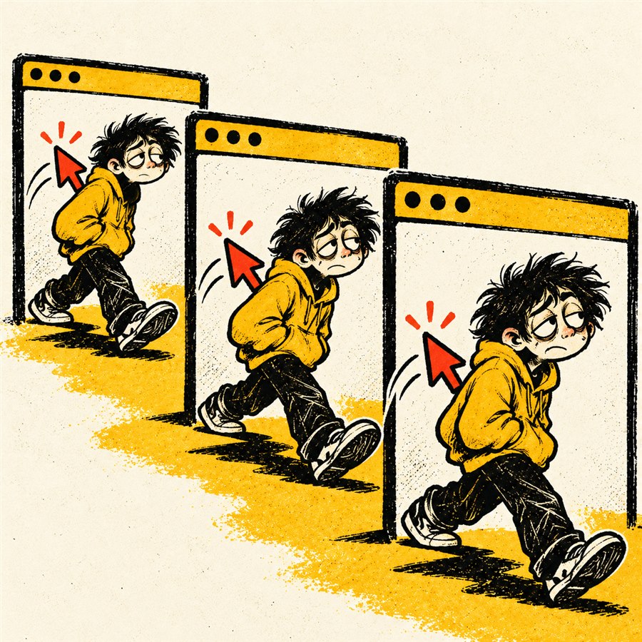 The same tired, hand-drawn trader walks through three browser windows with the same red cursor following him